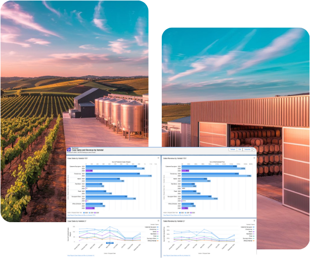 A wide-angle shot of a vineyard, production facility, and warehouse with an overlay of Orion Cloud software