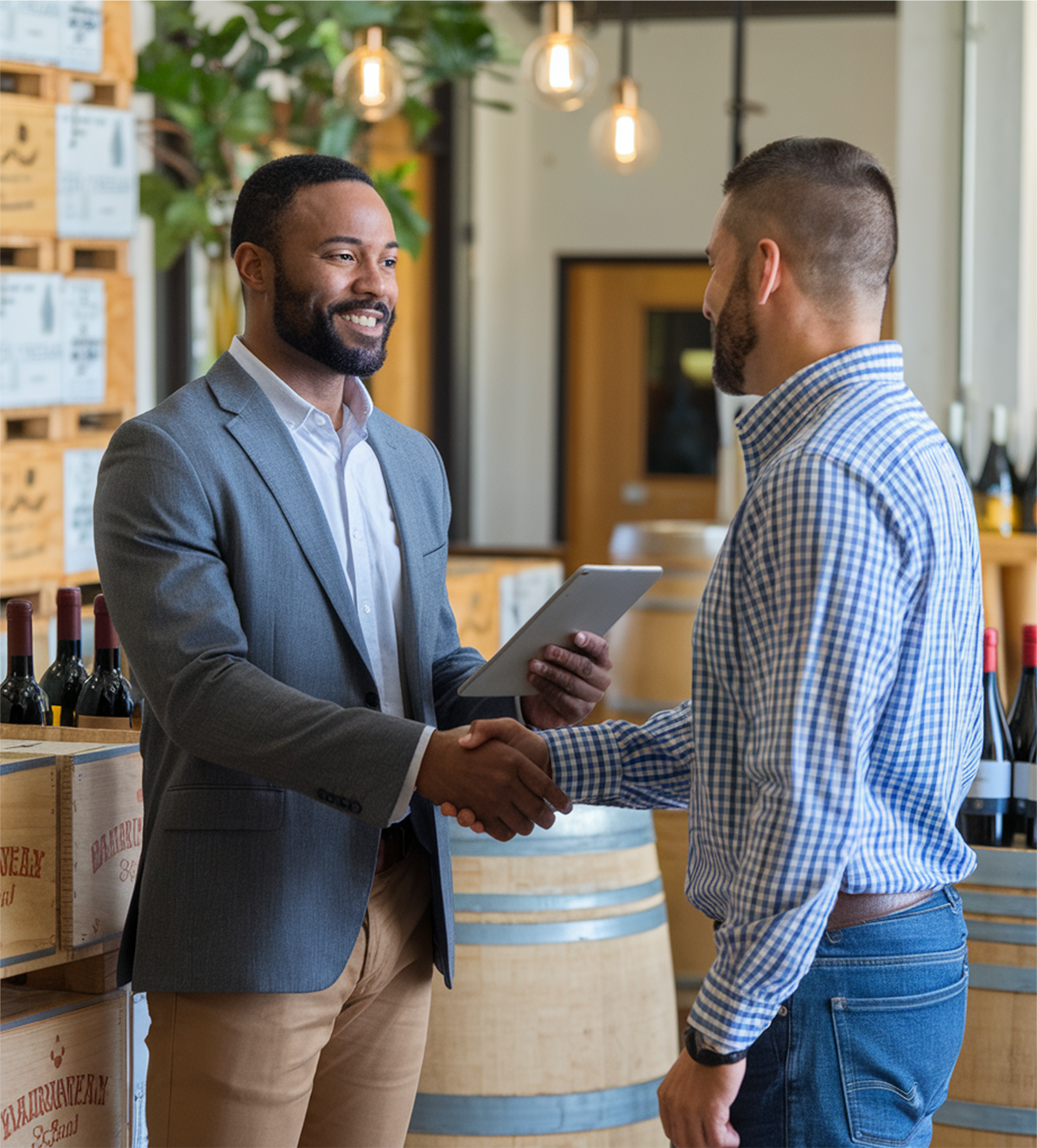 A winery wholesale manager shaking hands with a distributor